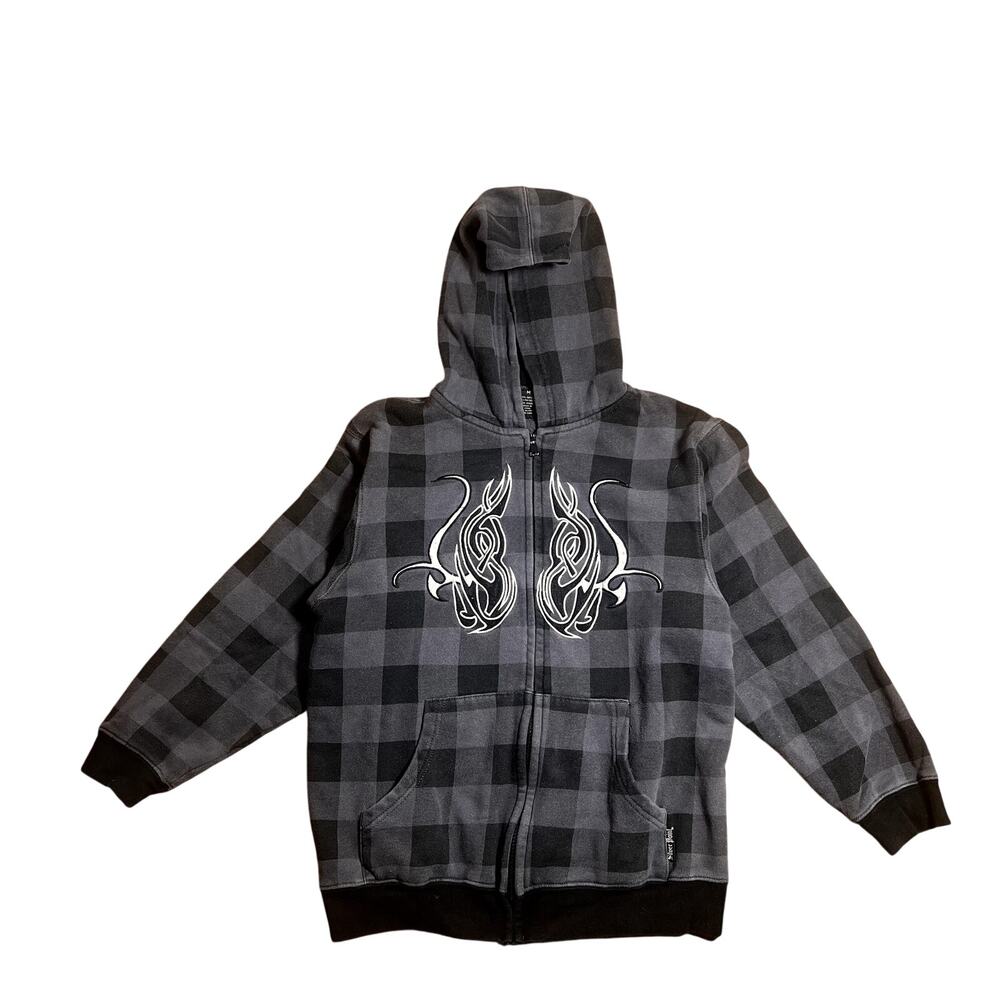 Vintage Y2K Silver Point Tribal Plaid Zip Hoodie Cyber Grunge Goth Emo Skater